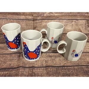 4 VTG Otagiri Rooster Hen Patchwork Floral Farm Coffee Cup Mug